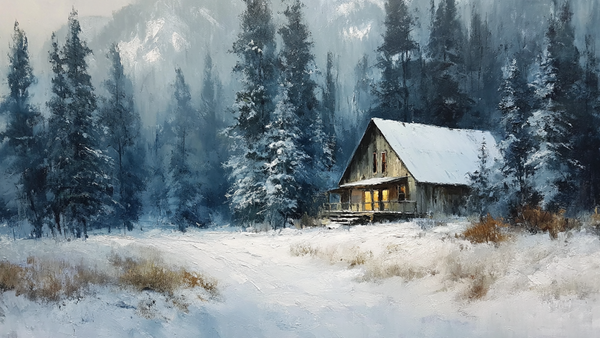 Forest Cabin Sanctuary digital artwork for Frame TV & CanvasTV shown in cozy bedroom - atmospheric 4K art with sage and eucalyptus palette