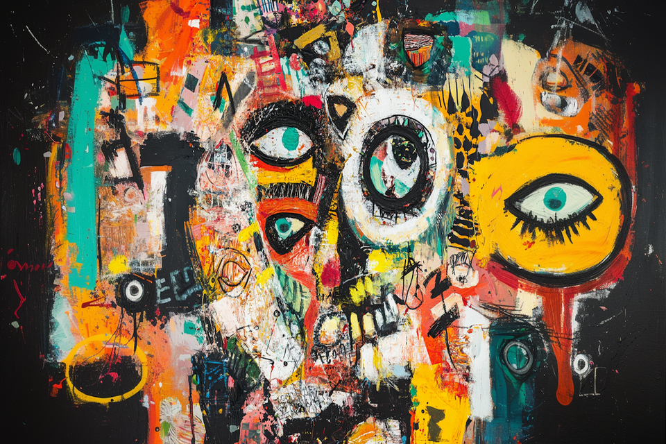 Surreal graffiti-style abstract portrait inspired by Basquiat – bold 4K digital artwork for Samsung Frame TV