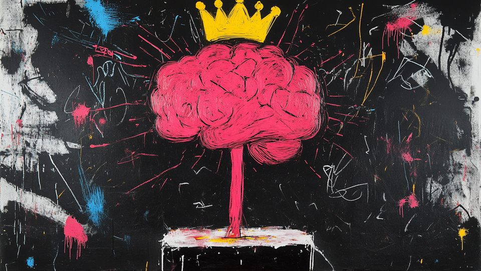 Basquiat-inspired digital art for Samsung Frame TV—crowned brain, graffiti style, on black, 4K PNG.