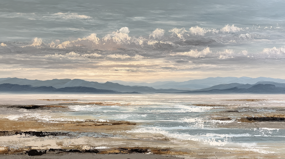 Minimalist coastal seascape with gentle waves in soft grey and white tones under cloudy sky – digital art for Samsung Frame TV