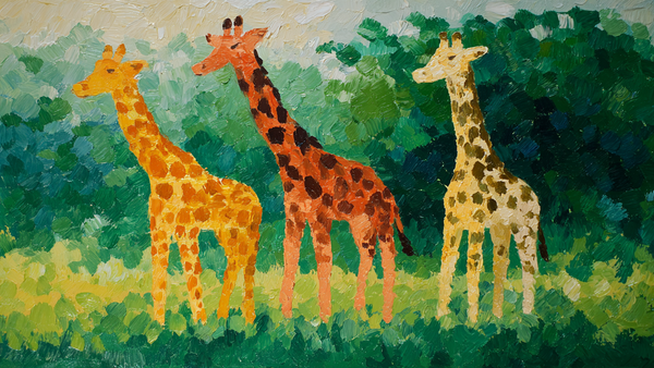 Giraffe Family Meadow nature kids art displayed on Samsung Frame TV - 4K digital download featuring parent giraffes with baby in sage green and golden meadow