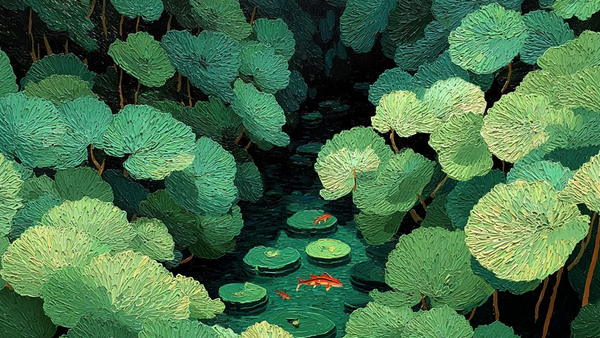 Hidden Depths Rousseau-inspired nocturnal lily pond displayed on Samsung Frame TV - 4K digital download featuring koi fish among lily pads in sage and eucalyptus green palette