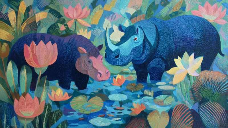 Hippo Lotus Pond - Serene Kids Art for Samsung Frame TV