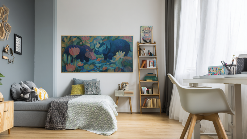 Hippo Lotus Pond - Serene Kids Art for Samsung Frame TV