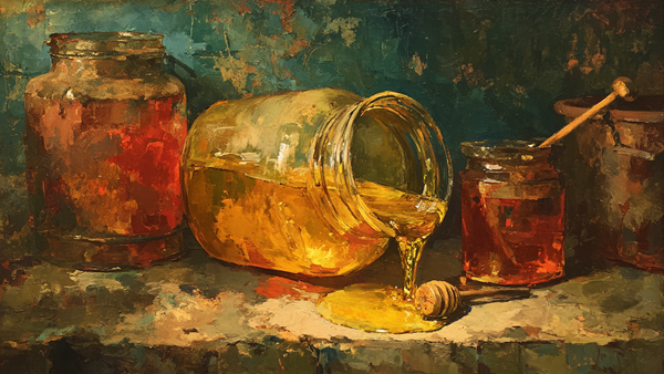 Honeycomb Golden Amber Drip still life displayed on Samsung Frame TV - 4K digital download featuring honey dripping from honeycomb into jar in dramatic Dutch lighting