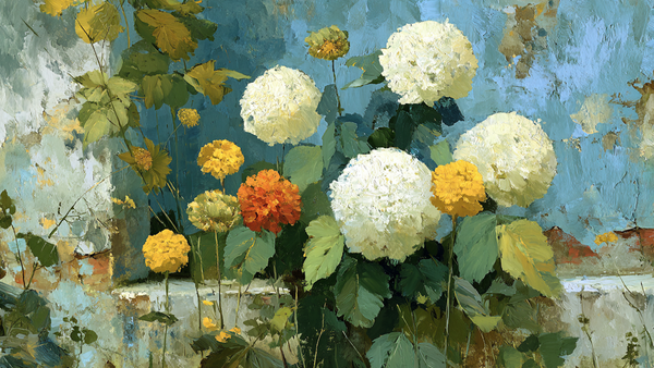 Hydrangeas Against White Wall floral art on Samsung Frame TV - 4K digital download featuring cream and coral blooms with deep green foliage