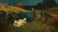 Lambs Resting Stone Wall pastoral scene displayed on Samsung Frame TV - 4K digital download featuring white lambs by ancient wall in autumn countryside