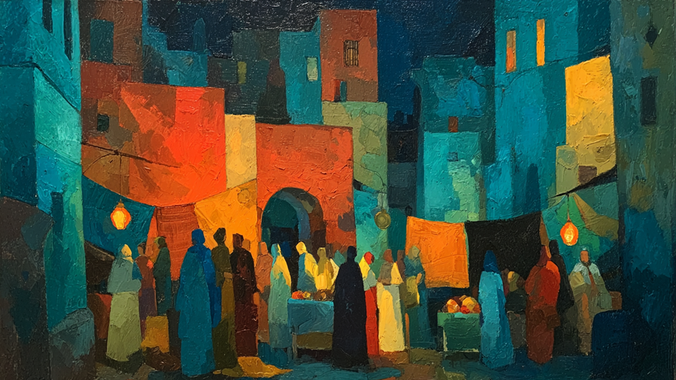 Marrakech Lantern Souk Night scene displayed on Samsung Frame TV - 4K digital download featuring Moroccan market with colorful lanterns and textiles in jewel tones