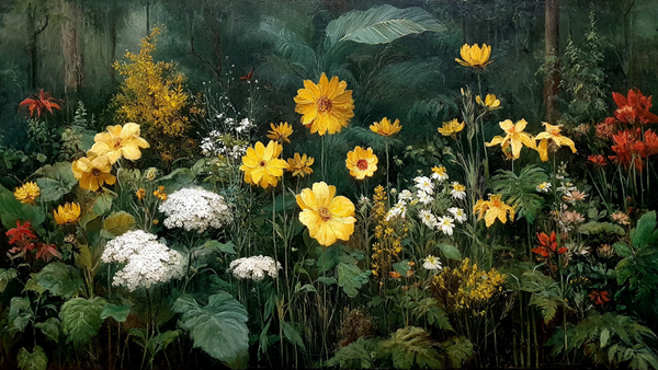 Midnight Bloom Rousseau-inspired nocturnal garden displayed on Samsung Frame TV - 4K digital download featuring glowing yellow flowers in deep sage and eucalyptus night palette