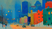Montreal Plateau Prism cityscape detail - colorful Plateau Mont-Royal buildings for Samsung Frame TV and HiSense CanvasTV featuring electric blues oranges and yellows