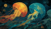 Moon Jellyfish Luminous Trail underwater art displayed on Samsung Frame TV - 4K digital download featuring glowing jellyfish with golden amber tentacles in deep ocean