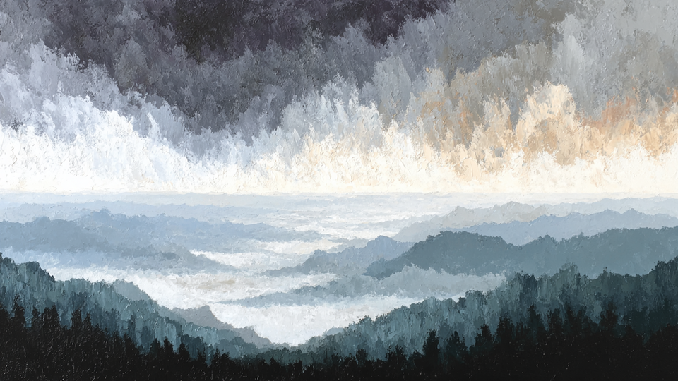 Mountain Mist atmospheric landscape art displayed on Samsung Frame TV - 4K digital download featuring ink and charcoal gray mountain peaks with soft white mist layers