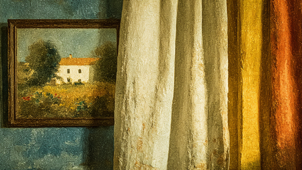 Muslin Curtains Morning Light interior scene on Samsung Frame TV - 4K digital download featuring sheer curtains in warm amber and terracotta morning glow