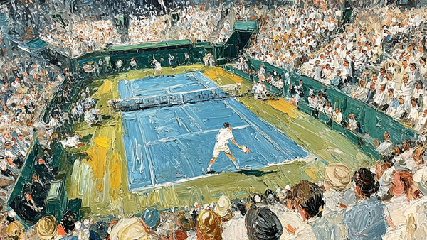 Night Match David Hockney inspired tennis court at night displayed on Samsung Frame TV - 4K digital download featuring aerial stadium view in sage and eucalyptus teal palette