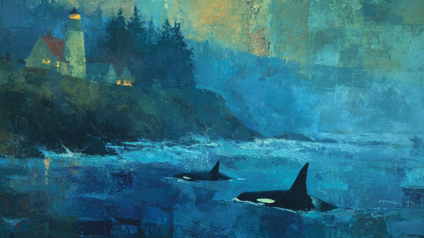 Orca Fins Breaking Surface marine scene on Samsung Frame TV - 4K digital download featuring multiple killer whale dorsal fins in cerulean waters