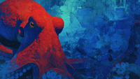 Pacific Octopus Sapphire Depths underwater art displayed on Samsung Frame TV - 4K digital download featuring giant octopus with ruby suckers in deep sapphire blue ocean