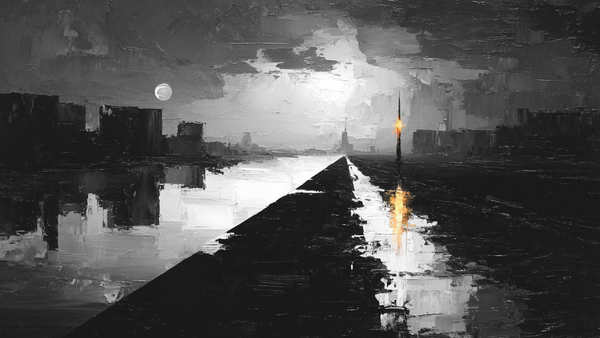 Pier Under the Moon nocturne displayed on Samsung Frame TV - 4K digital download featuring moonlit waterscape in ink and charcoal palette