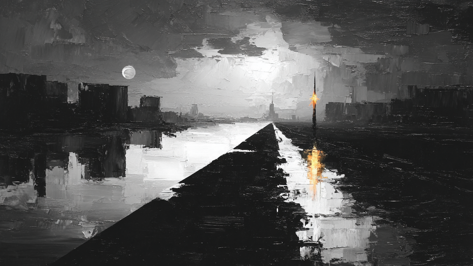 Pier Under the Moon nocturne displayed on Samsung Frame TV - 4K digital download featuring moonlit waterscape in ink and charcoal palette