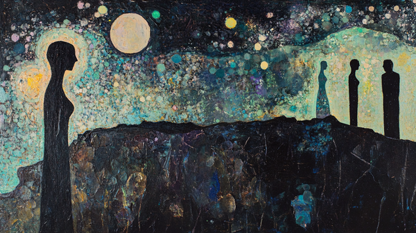 Pointillist Dreams night sky art displayed on Samsung Frame TV - 4K digital download featuring ink black charcoal gray night sky with citrus yellow moon pointillist dot technique