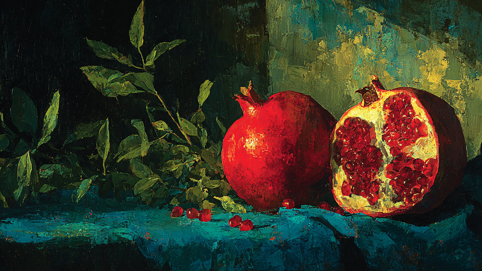 Pomegranate Seeds Ruby Velvet still life on Samsung Frame TV - 4K digital download featuring split pomegranates with ruby seeds against black velvet in Dutch style