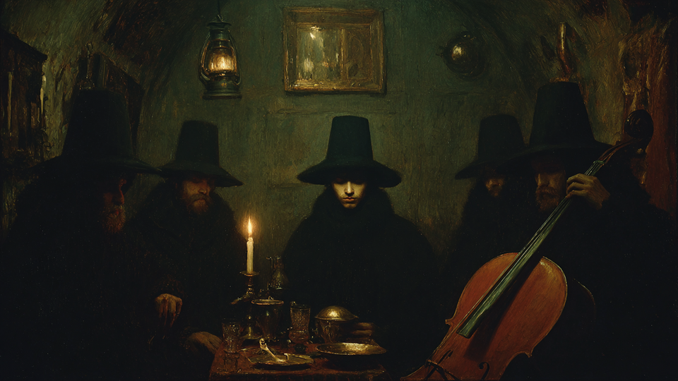 Prelude in Shadow musicians tuning instruments displayed on Samsung Frame TV - 4K digital download featuring chamber musicians in dramatic ink and charcoal chiaroscuro