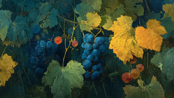 Purple Grapes Emerald Leaves still life displayed on Samsung Frame TV - 4K digital download featuring Dutch Golden Age style grape cluster with vine leaves
