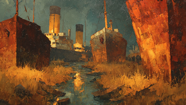 Rusted Ship Hulls Amber industrial scene on Samsung Frame TV - 4K digital download featuring maritime decay in warm rust orange and terracotta afternoon light