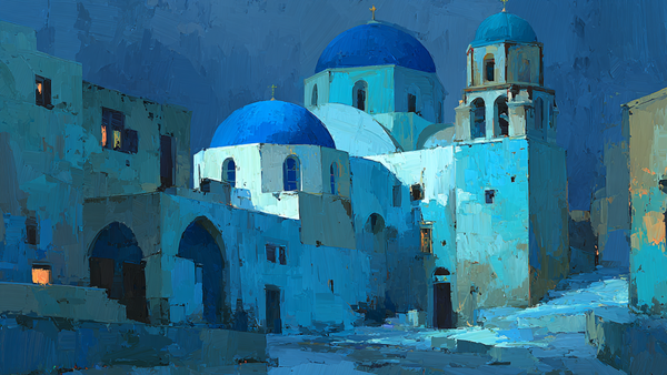 Santorini Blue Domes Morning Greek scene on Samsung Frame TV - 4K digital download featuring iconic blue churches against gray sky in cerulean tones