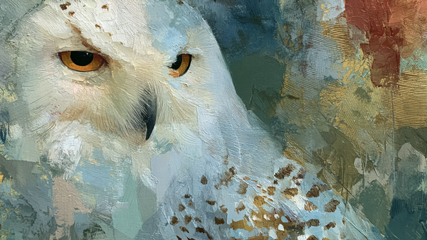 Snowy Owl Amber Gaze wildlife close-up on Samsung Frame TV - 4K digital download featuring owl face in soft cream white with striking amber eyes