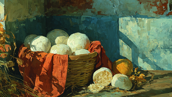 Steamed Buns Bamboo Basket culinary scene on Samsung Frame TV - 4K digital download featuring bao dumplings in soft cream and warm taupe woven basket