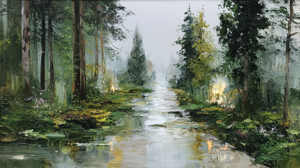 Still Creek Through Green blurred landscape displayed on Samsung Frame TV - 4K digital download featuring forest stream in sage and eucalyptus tones