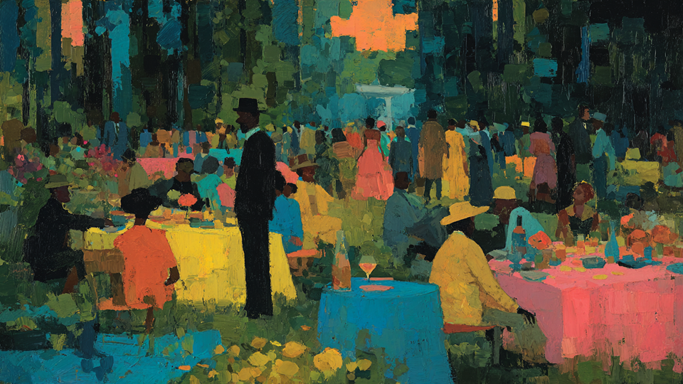 Sunday at the Tables outdoor gathering displayed on Samsung Frame TV - 4K digital download featuring community picnic scene in citrus and electric palette