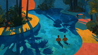 Swimmers in Blue pool scene displayed on Samsung Frame TV - 4K digital download featuring Hockney-inspired aquatic art in citrus and electric palette