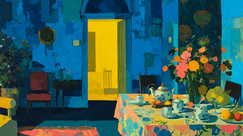 Tea in the Blue Room interior displayed on Samsung Frame TV - 4K digital download featuring layered domestic scene in citrus and electric palette