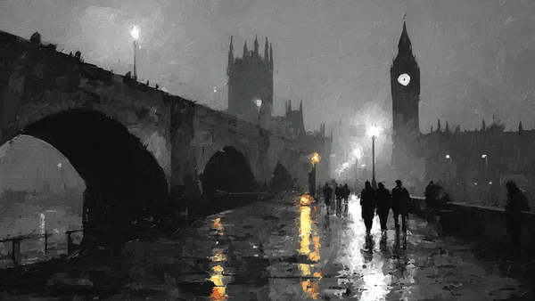 Thames in the Fog London bridge displayed on Samsung Frame TV - 4K digital download featuring misty river scene in ink and charcoal palette