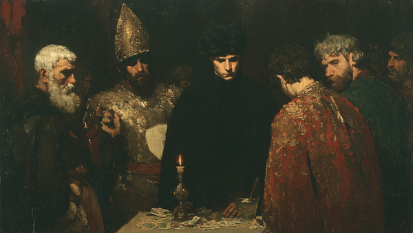 The Counting House Caravaggio style merchants displayed on Samsung Frame TV - 4K digital download featuring coin counting scene in dramatic ink and charcoal chiaroscuro