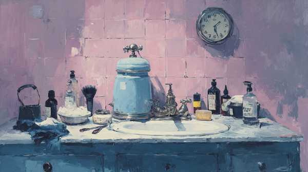 The Grooming Counter contemporary still life displayed on Samsung Frame TV - 4K digital download featuring barbershop tools in blush and mauve tones