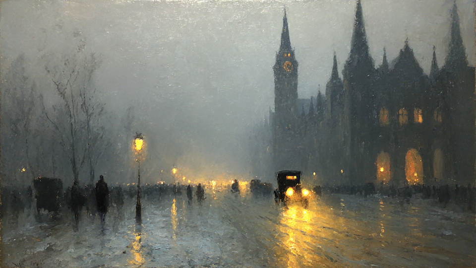 The Lamplit Square foggy cityscape displayed on Samsung Frame TV - 4K digital download featuring impressionist night scene with amber lights in ink and charcoal palette