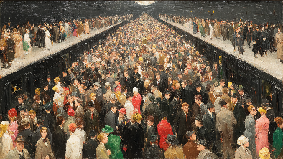 The Rush Below underground platform displayed on Samsung Frame TV - 4K digital download featuring Kossoff-inspired crowd scene in ink and charcoal palette