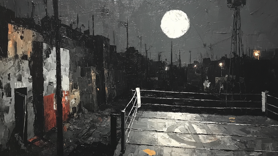 The Squared Circle boxing ring displayed on Samsung Frame TV - 4K digital download featuring dramatic spotlight on empty ring in ink and charcoal palette