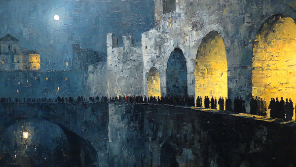 The Stone Crossing procession scene displayed on Samsung Frame TV - 4K digital download featuring Goya-inspired torchlit bridge crossing in ink and charcoal palette