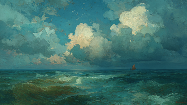 Towering Cumulus Calm Sea seascape on Samsung Frame TV - 4K digital download featuring dramatic cloud towers over still gray-blue ocean waters