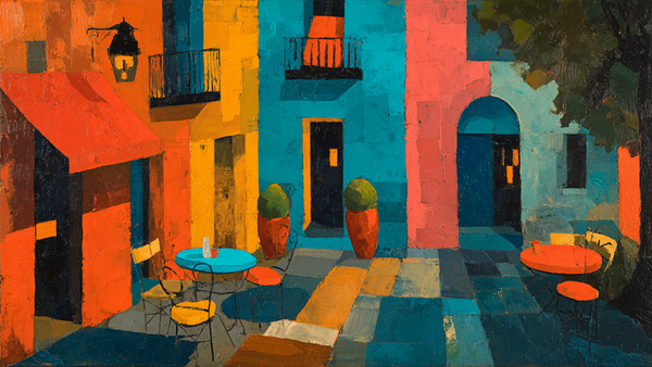 Under the Orange Awning modernist scene displayed on Samsung Frame TV - 4K digital download featuring Stuart Davis-inspired storefront