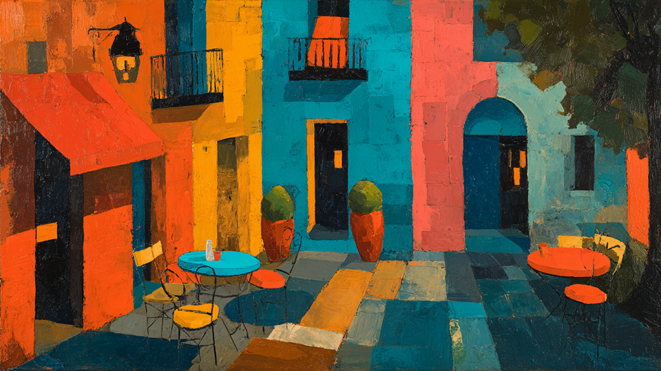 Under the Orange Awning modernist scene displayed on Samsung Frame TV - 4K digital download featuring Stuart Davis-inspired storefront