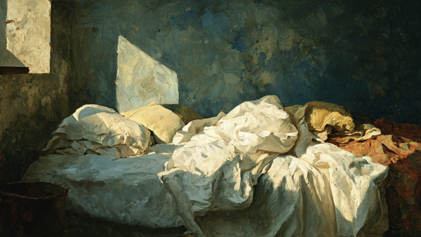 Unmade Bed White Linens interior scene on Samsung Frame TV - 4K digital download featuring rumpled sheets in soft cream white and gray shadow tones