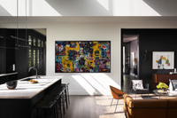 Urban Poetry digital artwork for Frame TV & CanvasTV shown in modern living room interior - vibrant abstract painting with citrus and electric color palette in bright yellows turquoise blues and magenta pinks
