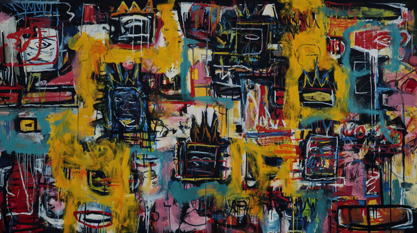 Urban Poetry abstract art displayed on Samsung Frame TV - 4K digital download featuring neo-expressionist composition with citrus yellow electric blue hot pink and primitive crowned faces in graffiti street art style
