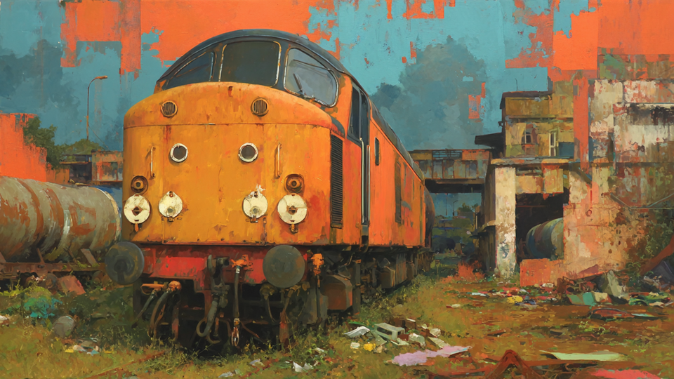 Vintage Locomotive Ochre Decay industrial scene on Samsung Frame TV - 4K digital download featuring rusted train in warm amber and terracotta patina