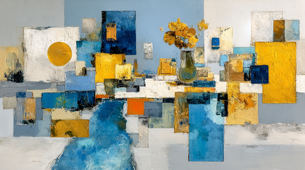 Warm Window Horizon abstract art displayed on Samsung Frame TV - 4K digital download featuring geometric color blocks in cerulean blue golden amber and soft apricot with golden sun element